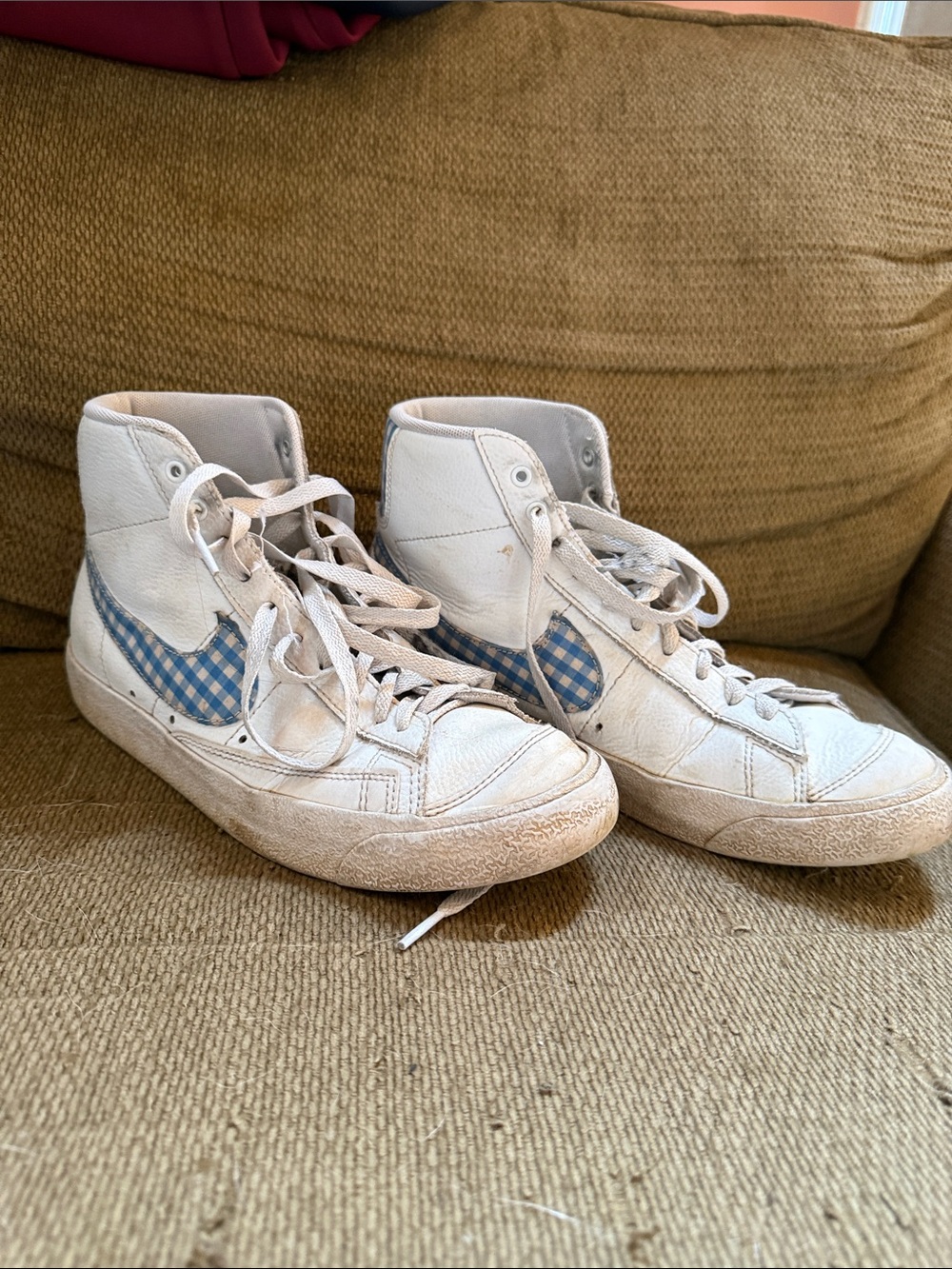 Nike White High-Top Sneakers with Blue Gingham Swoosh
